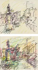 Frank Auerbach, Two Studies for 'Mornington Crescent - Summer Morning', 2004, black ink, coloured crayon and pencil on paper