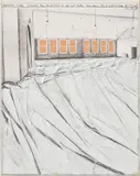 Christo & Jeanne-Claude, Wrapped Floor and Covered Windows, 1980, graphite, paint, photostat, fabric, Kraft paper and staples on cardboard, in Plexiglas box