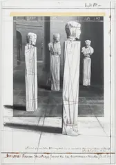 Wrapped Roman Sculptures by Christo, 1990, pencil, wax crayon, enamel paint, fabric collage, polyethene, twine, masking tape on paper laid down on board, in Plexig, offered Oct 2024