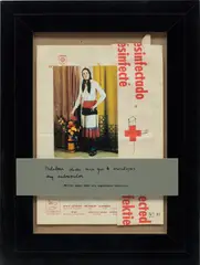 Martin Kippenberger, Putzfrau, 1985, colour photograph and pen and ink collage on hotel stationery laid on card with plastic text plate, in artist's frame
