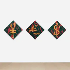 Untitled (YES, Dollar, Euro, Yen) by Joel Mesler, 2019, pigment on linen, triptych, offered Dec 2024