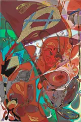 Within Reach -- with this next step I grow closer to you (Woman in Sync with Scrotum Flowers) by Theresa Chromati, 2021, acrylic, glitter and silk soft sculpture bound with leather on canvas, sold Dec 2024