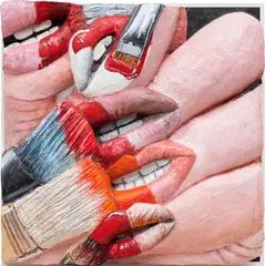 Nails with Painter's Lips by Gina Beavers, 2019, acrylic and foam on canvas laid on panel, in artist's frame, sold Dec 2024