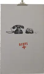 Erdtelephon (Earth Telephone) (S. 79) by Joseph Beuys, 1973-77, Unique screenprint in colours, on felt board, with the accompanying metal clamp added in 1977, sold Jan 2024