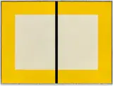 Donald Judd, Untitled (S. 299), 1993, Woodcut in yellow, on Japanese paper, the full sheet, with a black oil paint stripe on the inside of the glass of the original galvanized iron frame specified by the artist