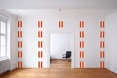 Daniel Buren, 25 Enamel Plates, from Wall Works, 1993, The complete set of 25 steel plates with red and white baked enamel, to be installed on a wall with each plate equidistant in five rows of five plates and five columns of five plates