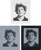 Chuck Close, Phil (Philip Glass), 2002, The complete set of three relief prints with embossing, on handmade white, grey and black papers, with full margins