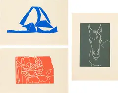 Barry Flanagan, Six linocuts: Mc Brayne's Ferry; Ganymede; Welsh Cob; Welsh Girl; Welsh Lights; and Yacht, 1977-83, Six linocuts in colours, on Arches paper, with full margins