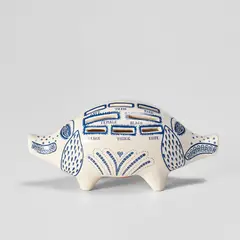 Grayson Perry, Piggy Bank, 2017, White ceramic piggy bank painted in blue and glazed, with rubber stopper, contained in the original cardboard box