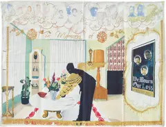 Kerry James Marshall, Souvenir I, 2017, Digital screenprint in colours, on cotton pillow sham, folded (as issued)