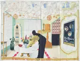 Kerry James Marshall, Souvenir I, 2017, Digital screenprint in colours, on cotton pillow sham, folded (as issued)