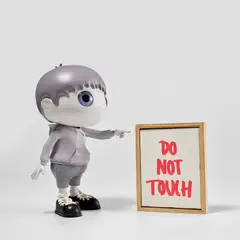 Do Not Touch by Javier Calleja, 2020, Painted resin and steel multiple with accompanying acrylic on canvas painting, all contained in the original wood crate, sold Jan 2024