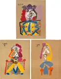 Portraits imaginaire (Imaginary Portraits): three plates by Pablo Picasso, 1969, Three offset lithographs in colours, on Arches paper, the full sheets loose (as issued), with colophon and the accompany, sold Jun 2024
