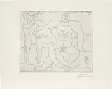 Pablo Picasso, Homme nu avec femme ivre et jeune flûtiste (Naked Man with a Drunk Woman and Young Flautist) (Bl. 773, Ba. 949), 1955, Etching, on Arches laid paper, with full margins