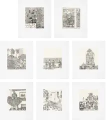 8 Etchings by Jonas Wood, 2014, The complete set of eight etchings, with chine-collé to Japanese paper, with full margins, with accompanying exhibition , offered Jun 2024