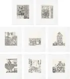 Jonas Wood, 8 Etchings, 2014, The complete set of eight etchings, with chine-collé to Japanese paper, with full margins, with accompanying exhibition print