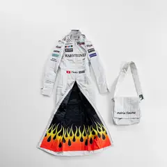 Sylvie Fleury, Formula 1 Dress and Bag, 1999, Formula 1 pilot suit dress and bag, modelled after Mika Hakkinen's 1999 championship suit