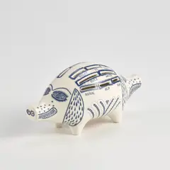 Grayson Perry, Piggy Bank, 2017, White ceramic piggy bank painted in blue and glazed, with rubber stopper, contained in the original cardboard box