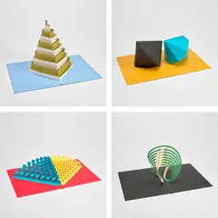 Tauba Auerbach, [2,3], 2011, The complete set of six die-cut pop-up paper sculptures in various coloured papers, each mounted to a folio (as issued), all contained in the original blue cloth-bound slipcase with printed title