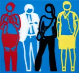 Julian Opie, Red White Black Yellow, from Standing People, 2019, Lenticular acrylic panel on white acrylic mount (as issued)