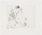 Pablo Picasso, Polichinelle, avec deux femmes (Pulcinella, with Two Women), plate 59 from Série 347 (Bl. 1539, Ba. 1555), 1968, Etching, on BFK Rives paper, with full margins