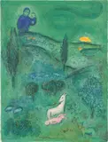 Marc Chagall, Découverte de Daphnis par Lamon (Lamon Discovers Daphnis), from Daphnis et Chloé (M. 309, see C. Bks. 46), 1961, Lithograph in colours, on Arches paper, the full sheet