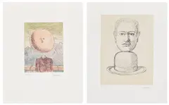 Le lien de paille (The Straw Link): two plates (K. & B. 16, 19) by René Magritte, 1968, Two etching and aquatints in colours, on BFK Rives paper, the full sheets loose (as issued), with title page, colophon, , sold Sep 2024