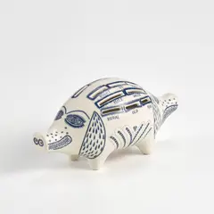 Grayson Perry, Piggy Bank, 2017, White ceramic piggy bank painted in blue and glazed, with rubber stopper, contained in the original cardboard box