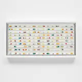 Damien Hirst, Day in Day Out, 2003, Multiple comprising Dymo tape and pills within a stainless steel, aluminium, glass and painted MDF cabinet
