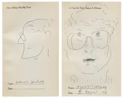 Two Self-Portraits by David Hockney, 1982, Two pen and ink drawings, on wove paper, bound within a leather-covered Edwardian parlour game book entitled The Faces o, sold Sep 2024