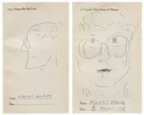 David Hockney, Two Self-Portraits, 1982, Two pen and ink drawings, on wove paper, bound within a leather-covered Edwardian parlour game book entitled The Faces of My Friends , a further 22 ink drawings by the artist’s family and friends, including his mother Laura, sister Margaret, and Ian Falconer from the period 1982-1984, and drawings from circa 1910 at the beginning of the book