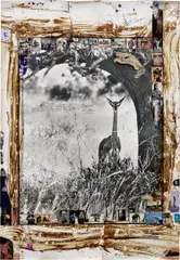 Peter Beard, Female Gerenuk on the Tiva, Tsavo North, near Kathamula (before the die-off), February, 1965, Unique work, comprising a gelatin silver print with blood, ink, affixed gelatin silver and chromogenic prints, snakeskins, a feather, newspaper clippings, stamps, a matchbox and a sticker, executed later and in the original driftwood frame