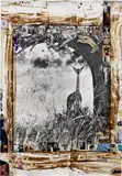 Peter Beard, Female Gerenuk on the Tiva, Tsavo North, near Kathamula (before the die-off), February, 1965, Unique work, comprising a gelatin silver print with blood, ink, affixed gelatin silver and chromogenic prints, snakeskins, a feather, newspaper clippings, stamps, a matchbox and a sticker, executed later and in the original driftwood frame