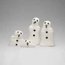 Marcel Dzama, Melting Snowman Cannisters set, 2005, glazed earthenware