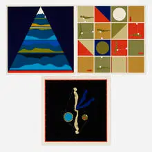 Ernest Trova, Untitled (three works from Study/Falling Man Series I portfolio; one work from Study/Falling Man Series II portfolio), 1967, screenprint in colors