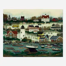 Janet Munro, Rowing Past the Lighthouse, mixed media on Masonite