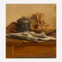 St. Julian Fishburne, Still Life of Spectacles and Newspaper, 1972, oil on Masonite
