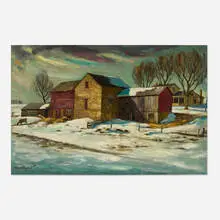 J. William Hallquist, Old Barn in Winter, 1950, oil on board