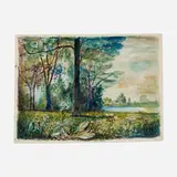 David Burliuk, Untitled (Green Field by the Lake), watercolor on paper