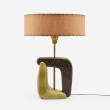 attribution Yasha Heifetz, Table lamp, c. 1955, glazed porcelain, cerused oak, brass, veneer-slat lamp shade