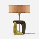 attribution Yasha Heifetz, Table lamp, c. 1955, glazed porcelain, cerused oak, brass, veneer-slat lamp shade