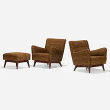 Jens Risom, Lounge chairs model U-320, pair and ottoman, model U-720, c. 1950, upholstery, walnut