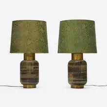 Lee Rosen, Table lamps, pair, c. 1955, glazed earthenware, brass, screenprinted paper shades