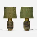 Lee Rosen, Table lamps, pair, c. 1955, glazed earthenware, brass, screenprinted paper shades
