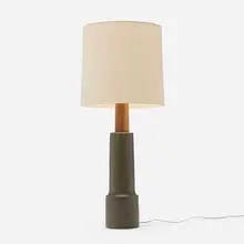 Table lamp, model 210-30 by Gordon and Jane Martz, c. 1966, glazed stoneware, walnut, linen shade, sold Sep 2025