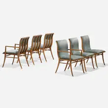 T. H. Robsjohn-Gibbings, Dining chairs, set of six, c. 1955, walnut, upholstery