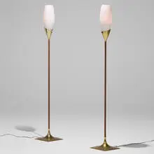 Gerald Thurston, Torchieres, pair, c. 1960, milk glass, brass, wood veneer over metal