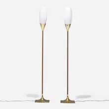 Gerald Thurston, Torchieres, pair, c. 1960, milk glass, brass, wood veneer over metal
