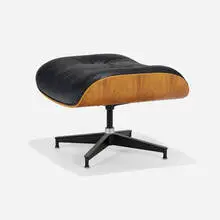671 ottoman by Charles and Ray Eames, rosewood plywood, leather, enameled and brushed aluminum, sold Sep 2025