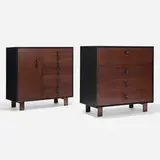 Cabinets, set of two by George Nelson & Associates, lacquered wood, mahogany, matte-chromed steel, sold Sep 2025